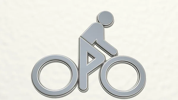 从墙上的角度来看Cyclist Symbol 一种由三维渲染金属材料制成的厚重雕塑 自行车和自行车 — 图库照片