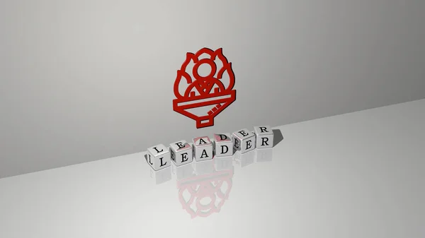 3D representation of LEADER with icon on the wall and text arranged by metallic cubic letters on a mirror floor for concept meaning and slideshow presentation. business and illustration
