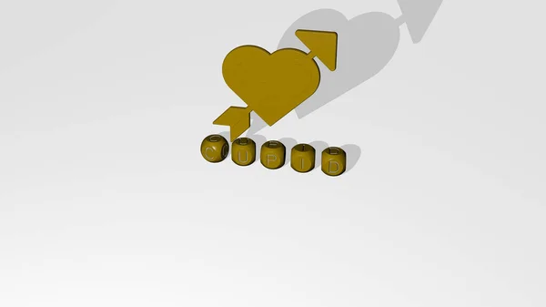 Представление Cupid Иконкой Стене Текстом Упорядоченным Металлическими Кубическими Буквами Зеркальном — стоковое фото