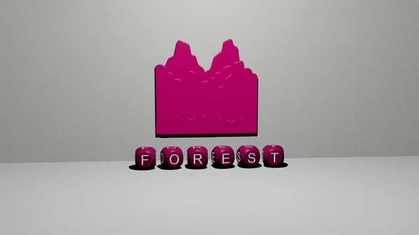 3D representation of forest with icon on the wall and text arranged by metallic cubic letters on a mirror floor for concept meaning and slideshow presentation. background and beautiful