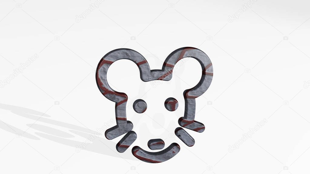 RAT casting shadow with two lights. 3D illustration of metallic sculpture over a white background with mild texture. 2020 and chinese