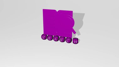 3D illustration of search graphics and text made by metallic dice letters for the related meanings of the concept and presentations. icon and business clipart