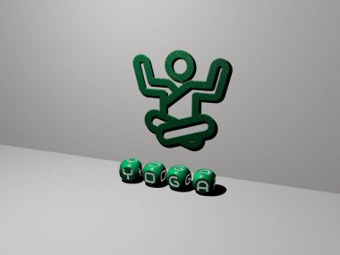 YoGA grafiklerinin 3 boyutlu çizimi ve konsept ve sunumların ilgili anlamları için metalik zar harflerinin oluşturduğu metin. kadın ve egzersiz