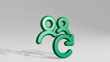 Aydınlık arkaplanda gölgesi olan parlak metalik bir heykelin üç boyutlu bir illüstrasyonuyla yapılmış çok yönlü eylemler. soyut ve mavi