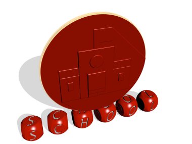 Duvarında simge ve ayna zemininde metalik kübik harflerle konsept ve slayt gösterisi sunumu için düzenlenmiş 3D SCHOL temsili. illüstrasyon ve eğitim