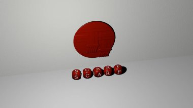 SCARF 'ın duvarında simge ve ayna zemininde metalik kübik harflerle konsept ve slayt gösterisi sunumu için düzenlenmiş üç boyutlu temsili. arkaplan ve resimleme