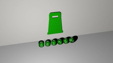 Duvarında ikon olan GRATER 'ın 3 boyutlu temsili ve ayna zemininde konsept ve slayt gösterisi sunumu için metalik kübik harflerle düzenlenmiş metin. Mutfak ve yemek