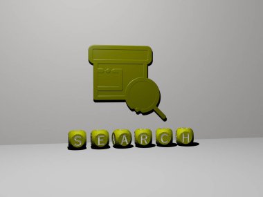 SEARCH 'ın duvarında simge ve ayna zemininde metalik kübik harflerle konsept ve slayt gösterisi sunumu için düzenlenmiş üç boyutlu temsili. resimleme ve iş