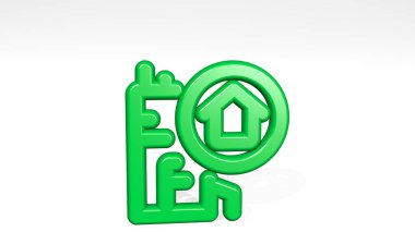 Gayrimenkul arama evi. Gölgeyle ilgili bir bakış açısından. Üç boyutlu metalik malzemelerden yapılmış kalın bir heykel. Resim ve arkaplan