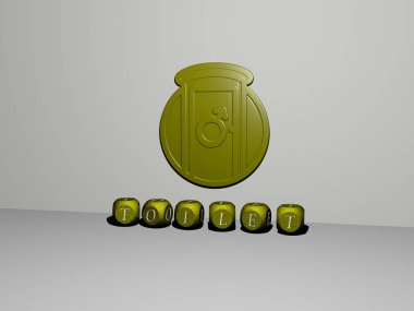 TOIlet grafiklerinin 3 boyutlu çizimi ve konsept ve sunumların ilgili anlamları için metalik zar harfleri tarafından yapılan metin. banyo ve arka plan