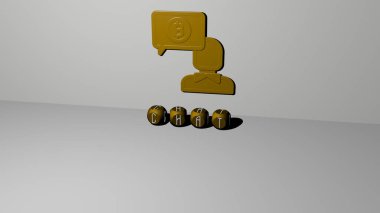 Duvarında simge olan sohbetin 3 boyutlu temsili ve ayna zemininde kavram ve slayt gösterisi sunumu için metalik kübik harflerle düzenlenmiş metin. İllüstrasyon ve iletişim