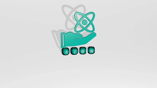 Graficzny Obraz Atom Pionowo Wraz Tekstem Zbudowanym Metalicznymi Literami Sześciennymi — Zdjęcie stockowe