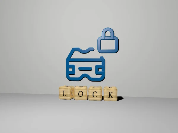 Представление Lock Иконкой Стене Текстом Упорядоченным Металлическими Кубическими Буквами Зеркальном — стоковое фото
