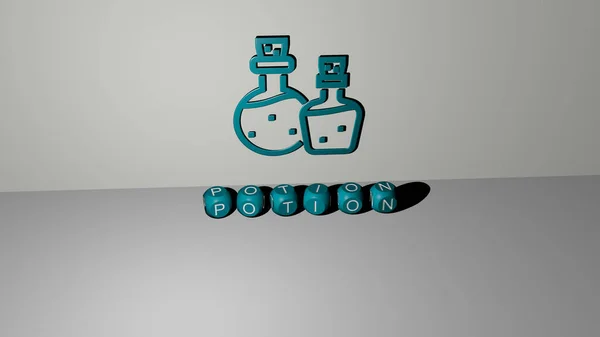 Potionの3Dグラフィカル画像は 上面から金属立方体文字で構築されたテキストと一緒に垂直方向に コンセプトプレゼンテーションやスライドショーのための優れた イラストと魔法 — ストック写真