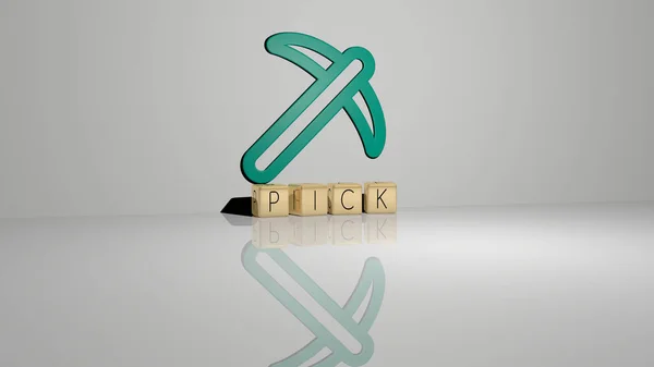 3D graphical image of pick vertically along with text built by metallic cubic letters from the top perspective, excellent for the concept presentation and slideshows. illustration and background