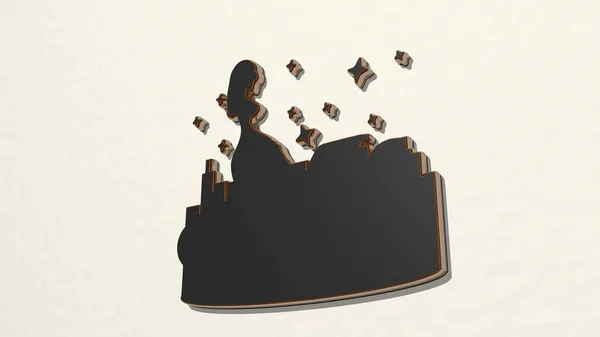 GIRL on the wall. 3D illustration of metallic sculpture over a white background with mild texture. beautiful and woman
