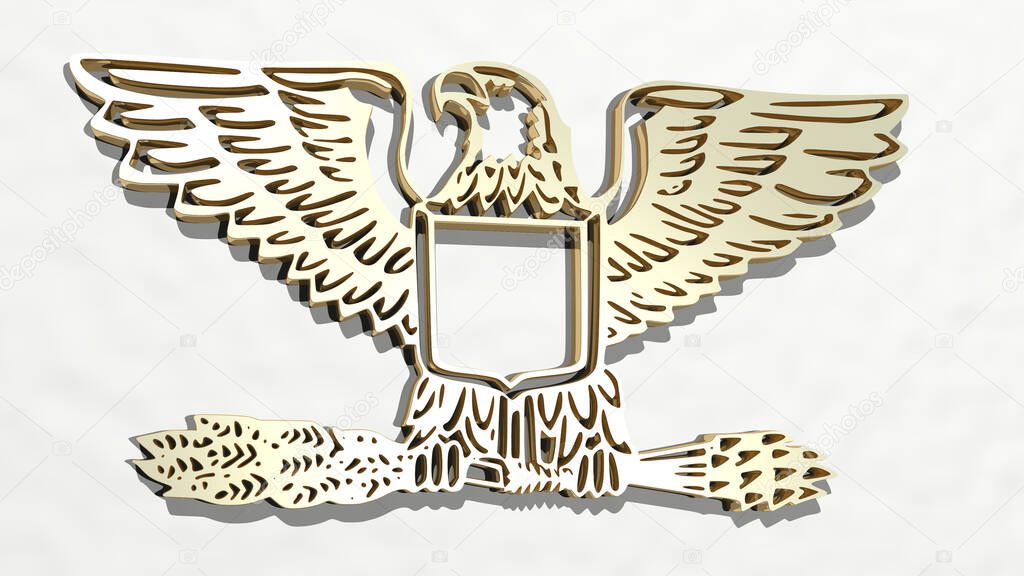 Bird made by 3D illustration of a shiny metallic sculpture on a wall with light background. animal and beautiful