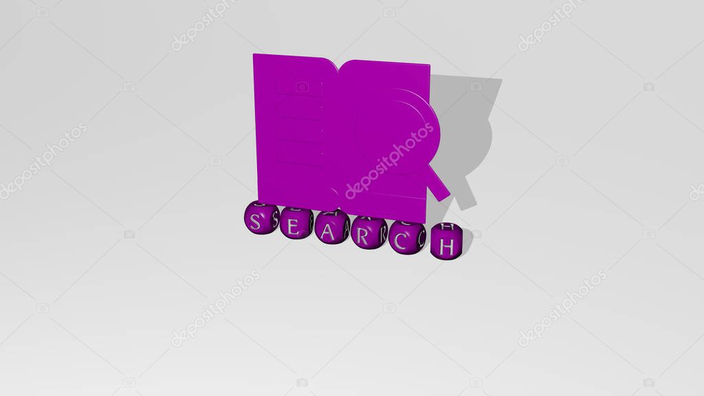 3D illustration of search graphics and text made by metallic dice letters for the related meanings of the concept and presentations. icon and business
