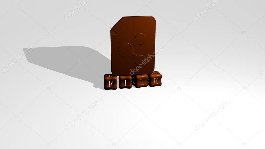 3D representation of FILE with icon on the wall and text arranged by metallic cubic letters on a mirror floor for concept meaning and slideshow presentation. illustration and background