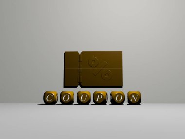 COUPON 'un dikey olarak 3D grafiksel görüntüsü ve üst perspektiften metalik kübik harflerle oluşturulan metinler, konsept sunumu ve slayt gösterileri için mükemmel. Resim ve arkaplan