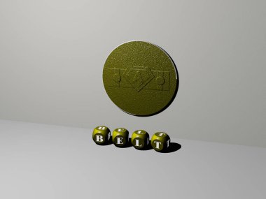 BELT 'in dikey olarak 3D grafik resmi, üst perspektiften metalik kübik harflerle oluşturulan metinlerle birlikte, konsept sunumu ve slayt gösterileri için mükemmel. Resim ve arkaplan