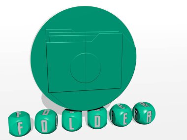 FOLDER 'ın dikey olarak 3B grafiksel görüntüsü ve üst perspektiften metalik kübik harflerle oluşturulan metin, konsept sunumu ve slayt gösterileri için mükemmel. resimleme ve iş