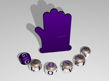 GLOVES 'in dikey olarak 3B grafiksel görüntüsü ve en üst perspektiften metalik kübik harflerle simgenin etrafına inşa edilen metin, konsept sunumu ve slayt gösterimi için mükemmel. arkaplan ve boks