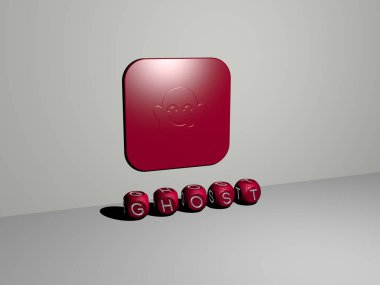 Hayaletin dikey olarak üç boyutlu grafiksel görüntüsü ve üst perspektiften metalik kübik harflerle yapılmış metinler, konsept sunum ve slayt gösterileri için mükemmel. Cadılar Bayramı ve illüstrasyon