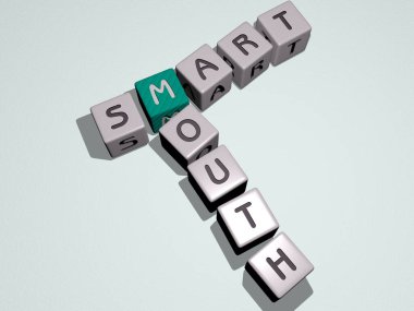 Üst perspektiften gelen kübik harflerle oluşturulan SMART MOUTH kombinasyonu, konsept sunumu için mükemmel. telefon ve illüstrasyon