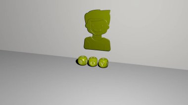 BOY grafiklerinin 3 boyutlu çizimi ve konsept ve sunumların ilgili anlamları için metalik zar harflerinin oluşturduğu metin. çocuk ve arkaplan