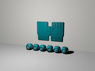 Eldivenlerin dikey olarak üç boyutlu grafiksel görüntüsü ve üst perspektiften metalik kübik harflerle oluşturulan metinler, konsept sunumu ve slayt gösterileri için mükemmel. arkaplan ve boks