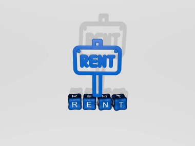 Konsept ve sunumların ilgili anlamları için metalik zar harflerinin oluşturduğu RENT grafikleri ve metinlerinin 3 boyutlu çizimi. ev ve mülk