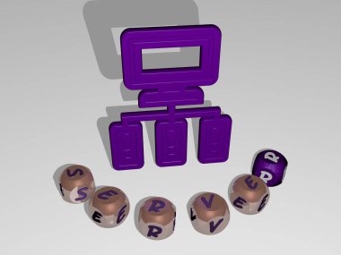 Konsept ve sunumların ilgili anlamları için metalik zar harflerinin oluşturduğu simgenin etrafında sunucu grafikleri ve metnin 3 boyutlu çizimi. veri ve bilgisayar