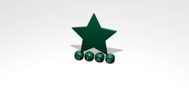 Yıldızın dikey olarak 3B grafiksel görüntüsü ve üst perspektiften metalik kübik harflerle oluşturulan metinler, konsept sunum ve slayt gösterileri için mükemmel. Resim ve arkaplan