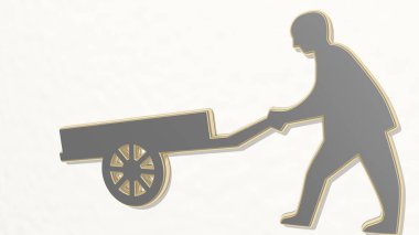 Barrow 'lu bir adam duvardaki perspektiften bakıyor. Üç boyutlu metalik malzemelerden yapılmış kalın bir heykel. el arabası ve el arabası.