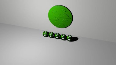 Duvarında ikon olan bulutun 3 boyutlu temsili ve kavram ve slayt gösterisi sunumu için ayna zemininde metalik kübik harflerle düzenlenmiş metin. arkaplan ve mavi