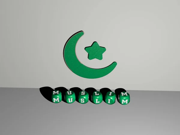 从顶部看 Muslim的3D图形图像与金属立方体字母构成的文本一起垂直生成 非常适合概念演示和滑行 图解和阿拉伯文 — 图库照片