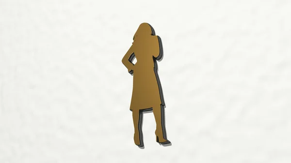 女人站在与形体衣服从一个角度在墙上 一种由三维渲染金属材料制成的厚重雕塑 年轻貌美 — 图库照片