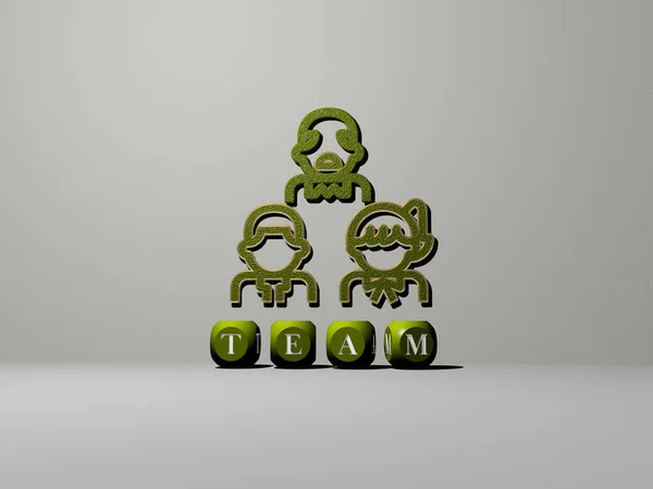 3D illustration of TEAM graphics and text made by metallic dice letters for the related meanings of the concept and presentations. business and people