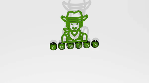 用金属骰子字母对Cowboy图形和文字进行三维说明 说明相关概念和表述的意义 帽子和背景 — 图库照片