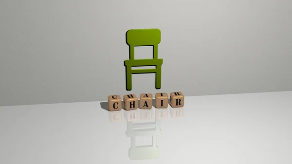 三维插图的Chair图形和文字的金属骰子字母的相关含义的概念和演示 背景和设计 — 图库照片