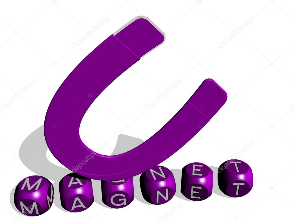 3D illustration of MAGNET graphics and text made by metallic dice letters for the related meanings of the concept and presentations. background and attract