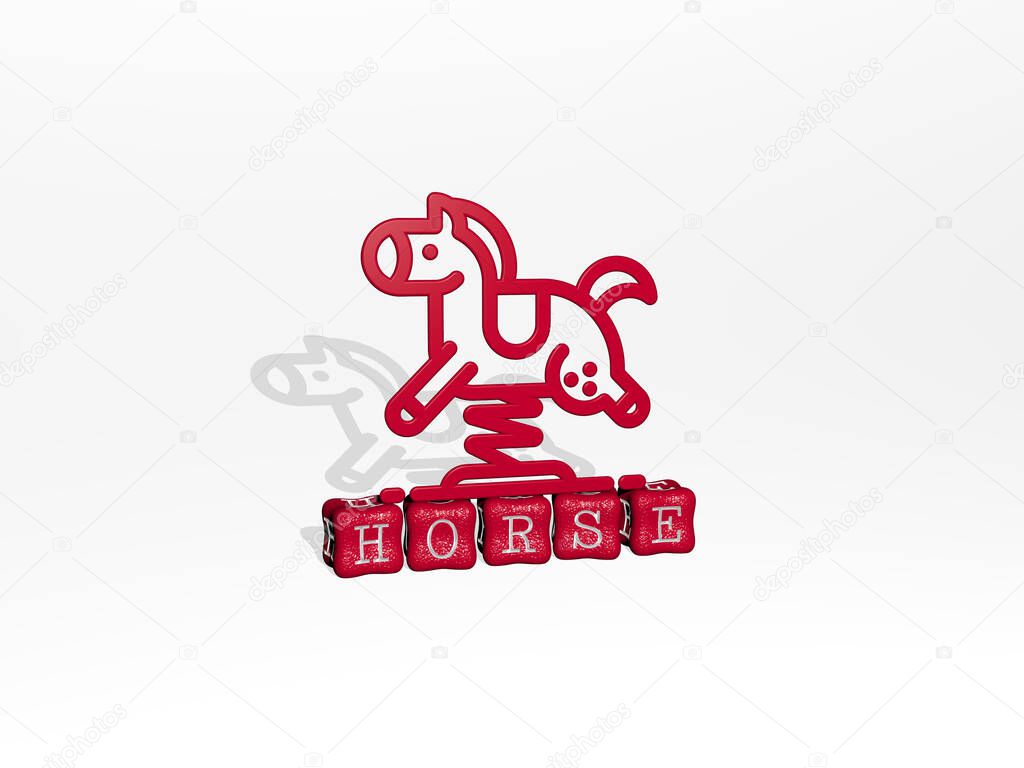 3D graphical image of horse vertically along with text built by metallic cubic letters from the top perspective, excellent for the concept presentation and slideshows. animal and illustration