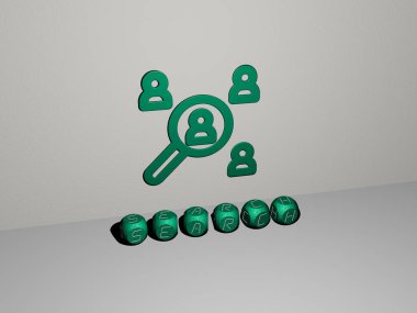 SEARCH grafiklerinin 3 boyutlu çizimi ve konsept ve sunumların ilgili anlamları için metalik zar harflerinin oluşturduğu metin. simge ve iş