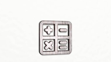 Parlak metalik bir heykelin ışık arkaplanlı bir duvardaki üç boyutlu çizimi ile yapılmış hesap makinesi uygulaması. iş ve konsept