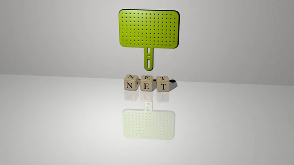 3D representation of NET with icon on the wall and text arranged by metallic cubic letters on a mirror floor for concept meaning and slideshow presentation. background and illustration