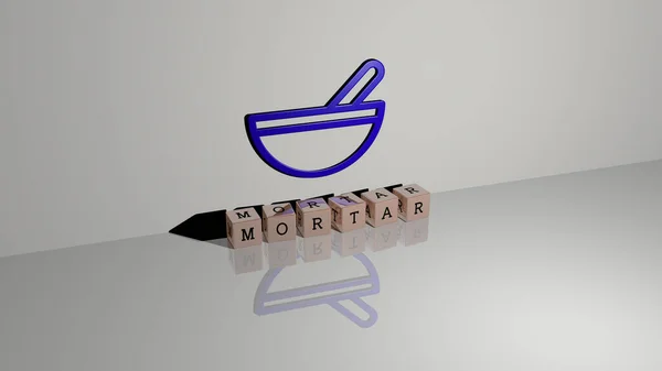 Mortar的3D表示 墙壁上有图标 文本用金属立方体字母排列在镜面 用于概念意义和幻灯片演示 背景和喧嚣 — 图库照片