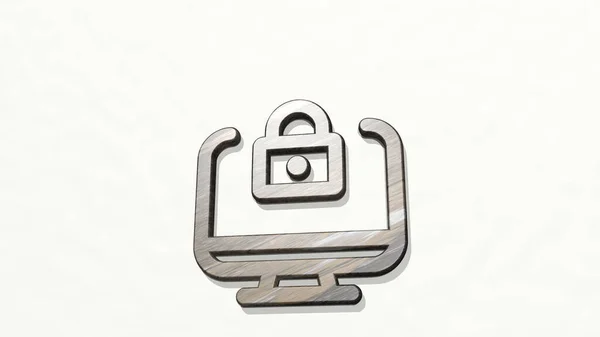 Desktop Monitor Lock Gjord Illustration Glänsande Metallisk Skulptur Vägg Med — Stockfoto