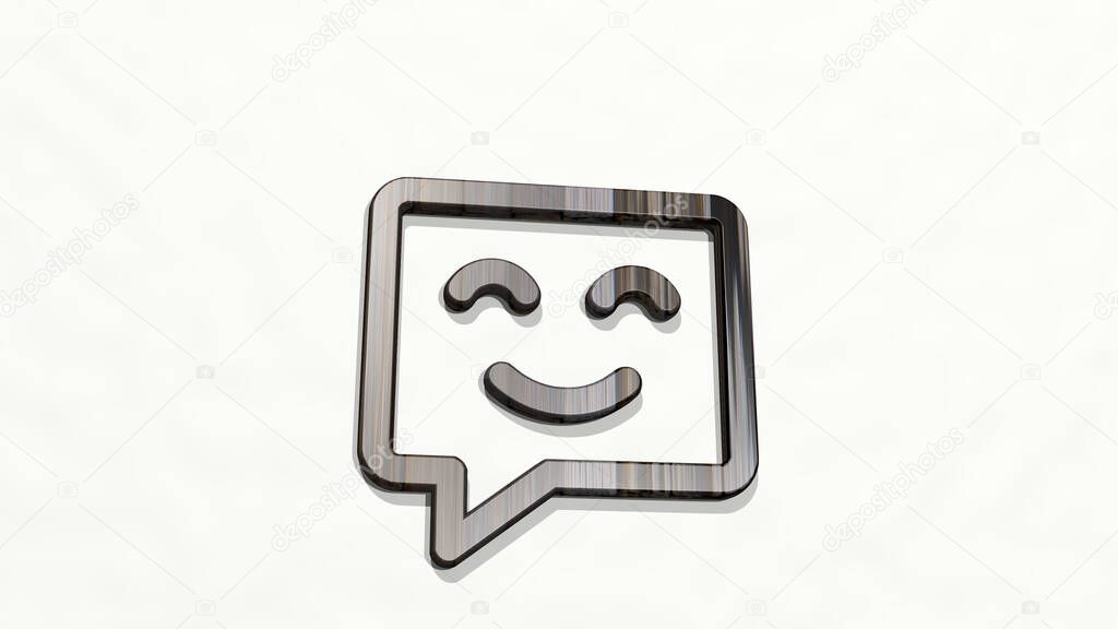 MESSAGES BUBBLE SQUARE SMILE on the wall. 3D illustration of metallic sculpture over a white background with mild texture. concept and communication