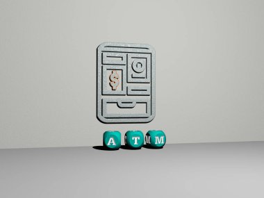 ATM grafiklerinin 3 boyutlu çizimi ve konsept ve sunumların ilgili anlamları için metalik zar harflerinin oluşturduğu metinler. banka ve kart